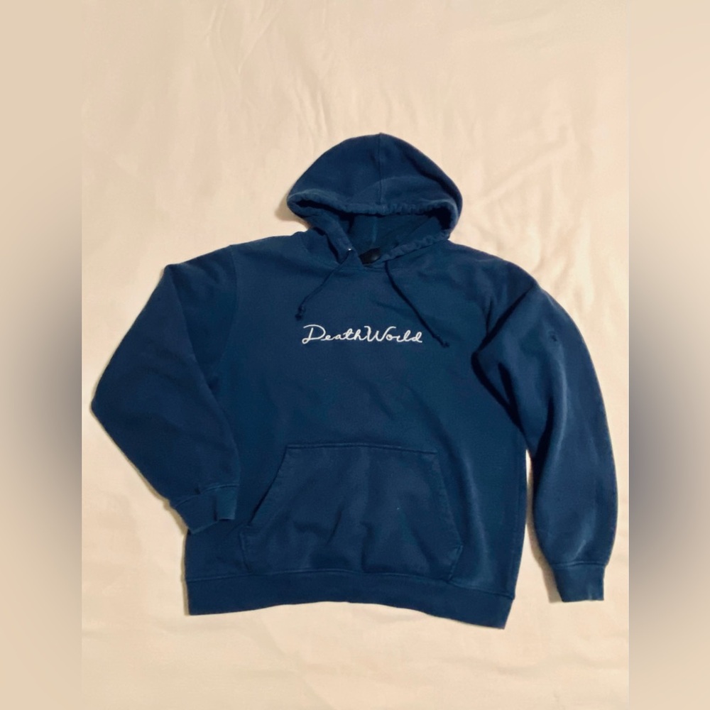 Death world navy blue embroidered script, hoodie, sweatshirt, size medium